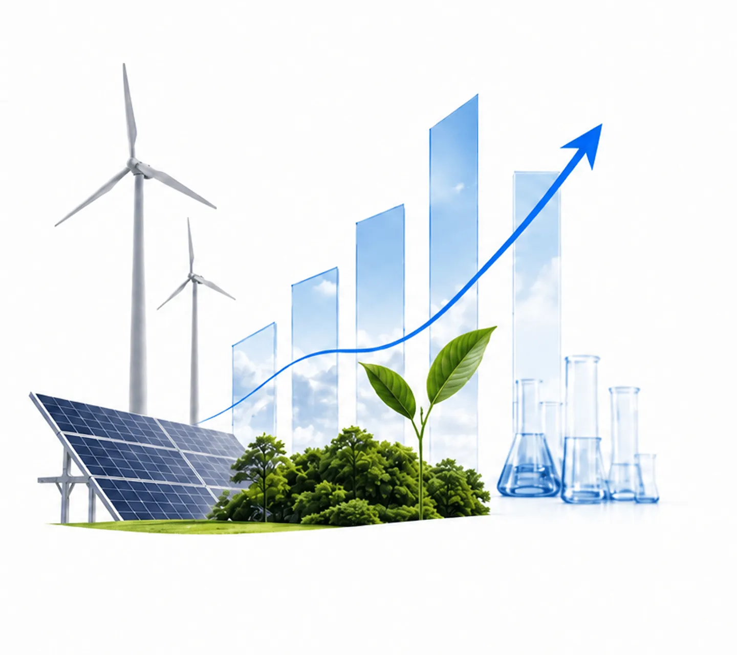 Wind turbines, solar panels, and a rising chart representing sustainable growth investments